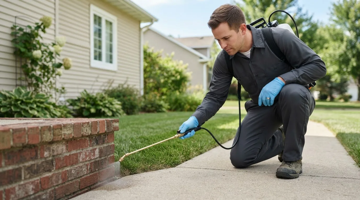 Pest control technician treating a home near Freeman, WV